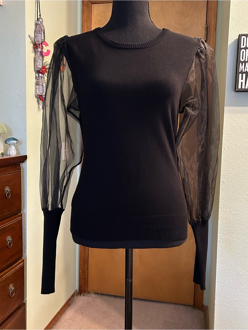 Organza sleeve black knit long sheer puff sleeve top rounded neck size L goth
